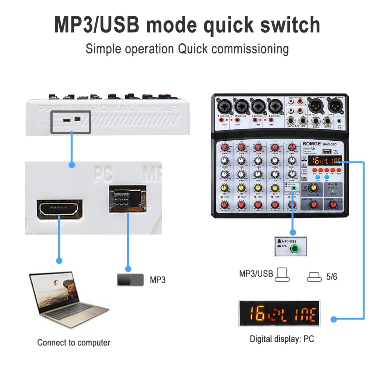 BMG-06D 6-Channel Live Mixer Bluetooth Sound Card for Cell Phone 16DSP Digital Reverb Effect, EU Plug, BMG-06D EU Plug (Black), BMG-06D EU Plug (White)