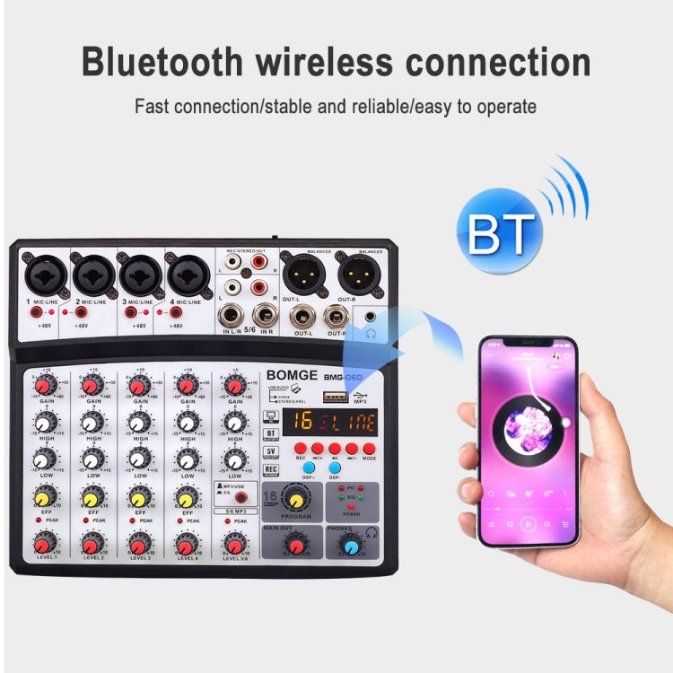 BMG-06D 6-Channel Live Mixer Bluetooth Sound Card for Cell Phone 16DSP Digital Reverb Effect, EU Plug, BMG-06D EU Plug (Black), BMG-06D EU Plug (White)