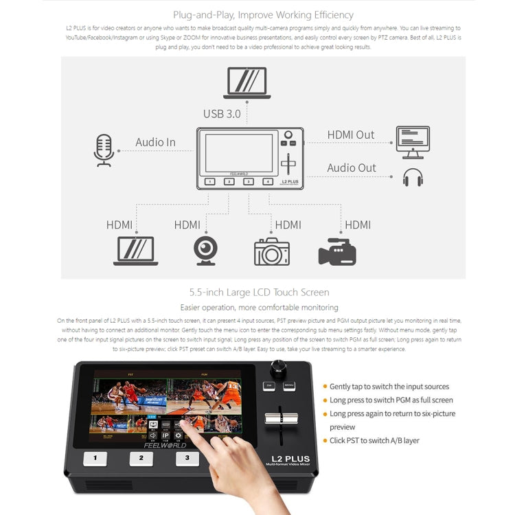 FEELWORLD L2 Plus Switcher mixer video multicamera con schermo da 5,5 pollici, L2 PLUS