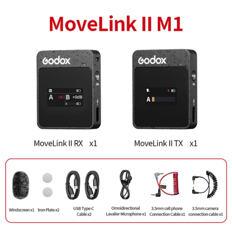 Godox MoveLink II M1 Sistema microfonico lavalier wireless con trasmettitori e ricevitore per fotocamere DSLR e videocamere, MoveLink II M1