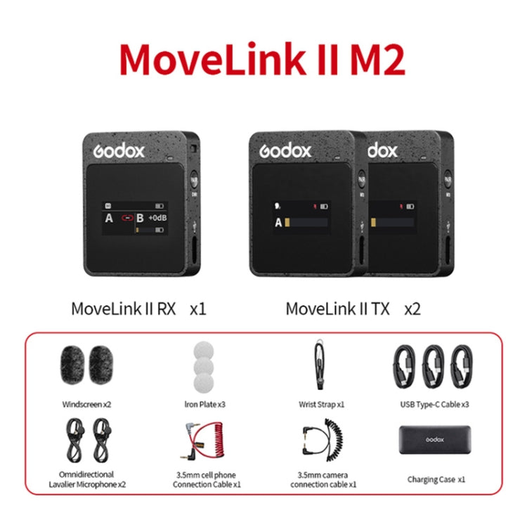 Godox MoveLink II M2 Sistema microfonico lavalier wireless con 2 trasmettitori e 1 ricevitore per fotocamere DSLR e videocamere, MoveLink II M2