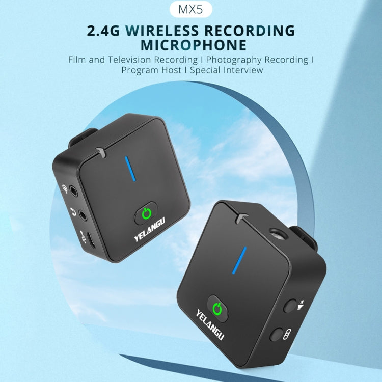 YELANGU MX5S 2.4G Microfono per telecamera di registrazione wireless per interviste in diretta, 1 ricevitore a 2 trasmettitori, 1 Receiver to 2 Transmitter