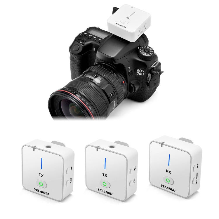 YELANGU MX5S 2.4G Microfono per telecamera di registrazione wireless per interviste in diretta, 1 ricevitore a 2 trasmettitori, 1 Receiver to 2 Transmitter