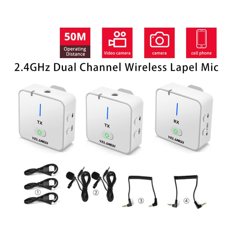 YELANGU MX5S 2.4G Microfono per telecamera di registrazione wireless per interviste in diretta, 1 ricevitore a 2 trasmettitori, 1 Receiver to 2 Transmitter