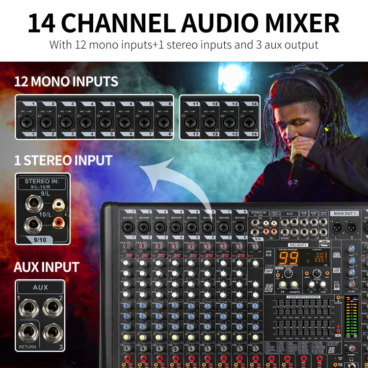 XTUGA B1404FX Mixer audio Bluetooth a 14 canali Controller DJ digitale Console di missaggio audio, B1404FX