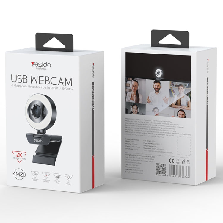 Yesido KM20 2K Zoom 4.0MP HD USB Webcam, lunghezza cavo 1.5m con luce di riempimento, KM20