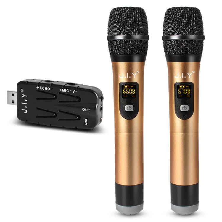 JIY 2 in 1 K Song Wireless Microphones for TV PC with Sound Card, USB Receiver and LED Display, 2 in 1 Gold