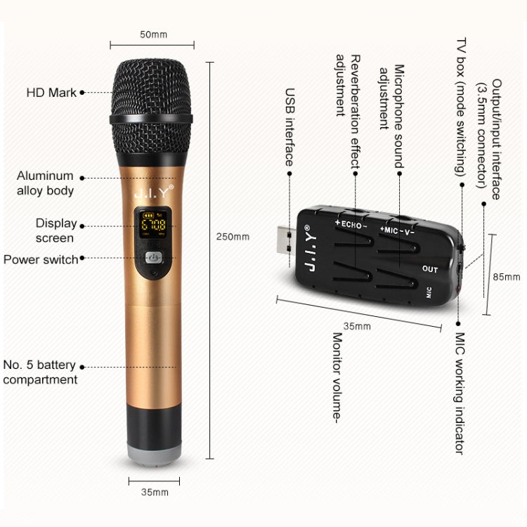 JIY 2 in 1 K Song Wireless Microphones for TV PC with Sound Card, USB Receiver and LED Display, 2 in 1 Gold