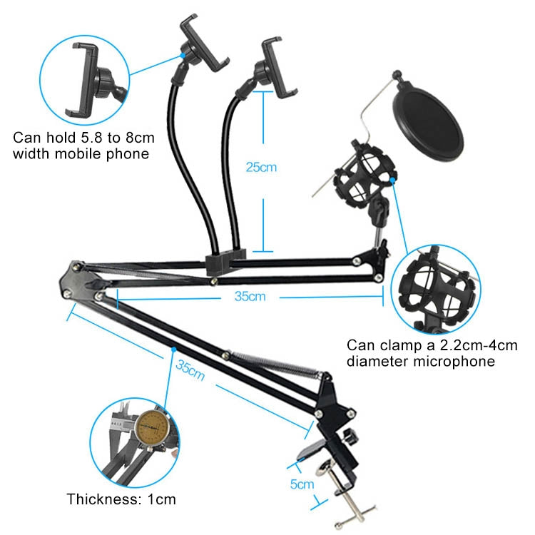 Mobile Phone Dual K Song Bracket 360 Degree Direction Cantilever Multifunctional Lazy Microphone Live Broadcast Bracket, Dual Mobile Phone