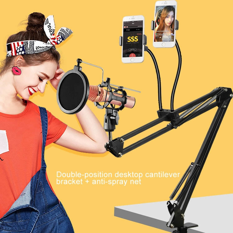 Mobile Phone Dual K Song Bracket 360 Degree Direction Cantilever Multifunctional Lazy Microphone Live Broadcast Bracket, Dual Mobile Phone