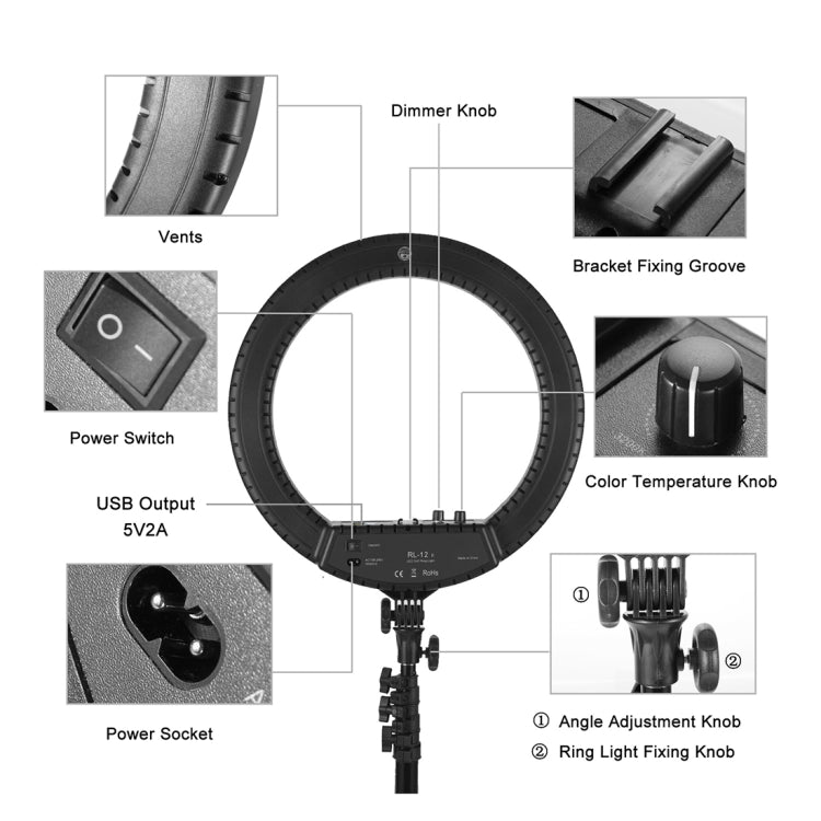 MANTOO RL-12 II 100-240V 28W Luce di riempimento ad anello dimmerabile bicolore da 12 pollici con treppiede, 12 inch