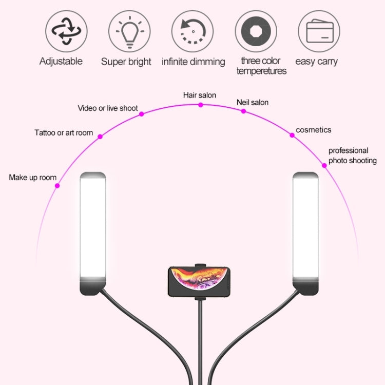 RK39 Portable Tri-color Adjustable Brightness Double Arm Fill Light with Phone Clip