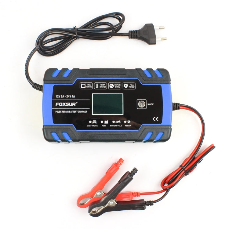 FOXSUR Caricabatterie AGM per riparazione camion moto e auto 12V-24V, spina europea (blu), EU Plug Blue