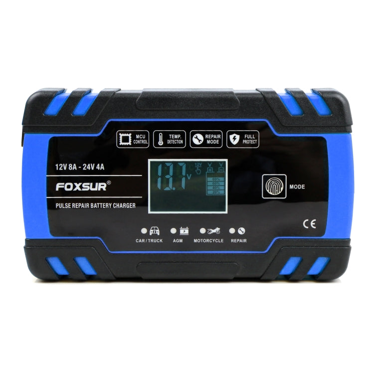 FOXSUR Caricabatterie AGM per riparazione camion moto e auto 12V-24V, spina europea (blu), EU Plug Blue