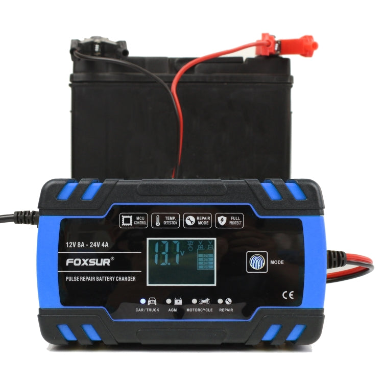FOXSUR Caricabatterie AGM per riparazione camion moto e auto 12V-24V, spina europea (blu), EU Plug Blue