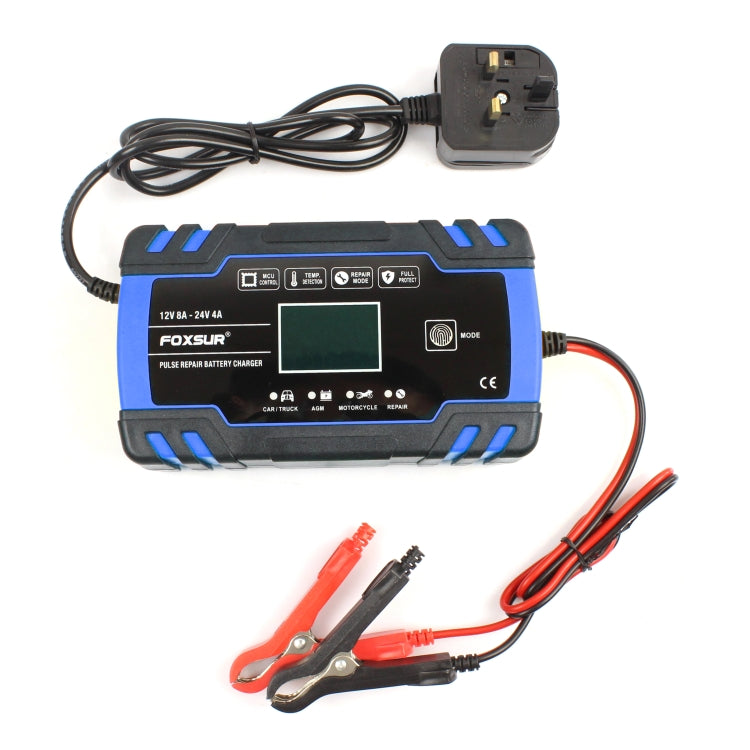 FOXSUR Caricabatterie AGM per riparazione camion moto e auto 12V-24V, presa UK (blu), UK Plug Blue