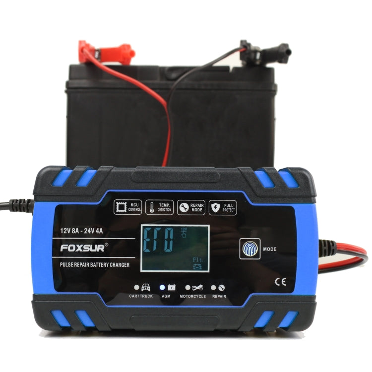 FOXSUR Caricabatterie AGM per riparazione camion moto e auto 12V-24V, spina americana (blu), US Plug Blue
