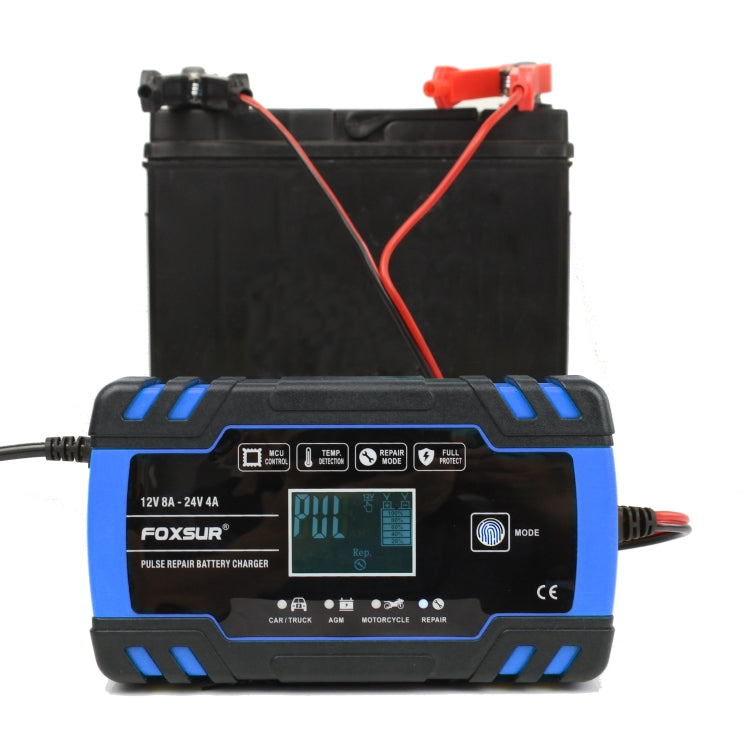 FOXSUR Caricabatterie AGM per riparazione camion moto e auto 12V-24V, spina americana (blu), US Plug Blue