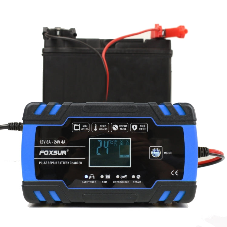 FOXSUR Caricabatterie AGM per riparazione camion moto e auto 12V-24V, spina americana (blu), US Plug Blue