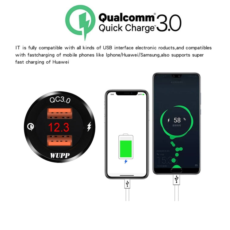 WUPP ZH-975A3 Caricabatterie a ricarica rapida doppio QC3.0 per telefono cellulare impermeabile in lega di alluminio per moto con voltmetro, ZH-975B3, ZH-975A3