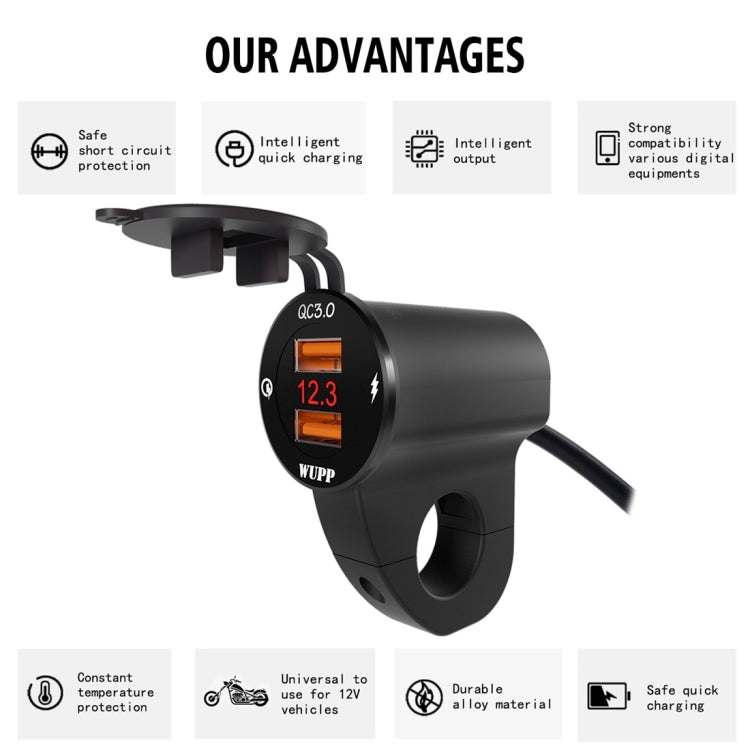 WUPP ZH-975A3 Caricabatterie a ricarica rapida doppio QC3.0 per telefono cellulare impermeabile in lega di alluminio per moto con voltmetro, ZH-975B3, ZH-975A3