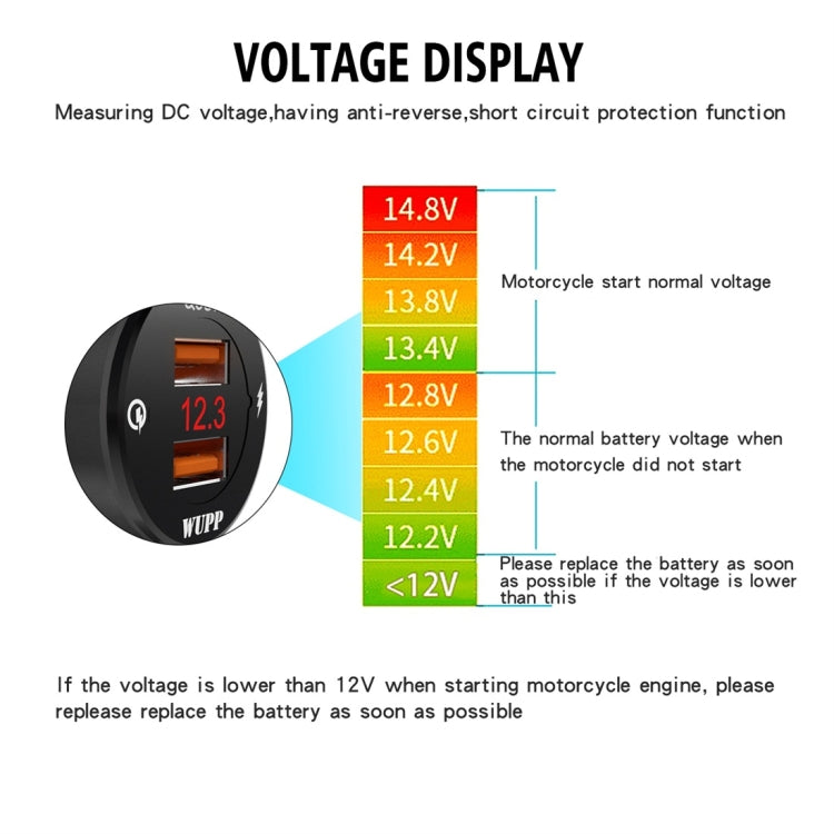 WUPP ZH-975A3 Caricabatterie a ricarica rapida doppio QC3.0 per telefono cellulare impermeabile in lega di alluminio per moto con voltmetro, ZH-975B3, ZH-975A3