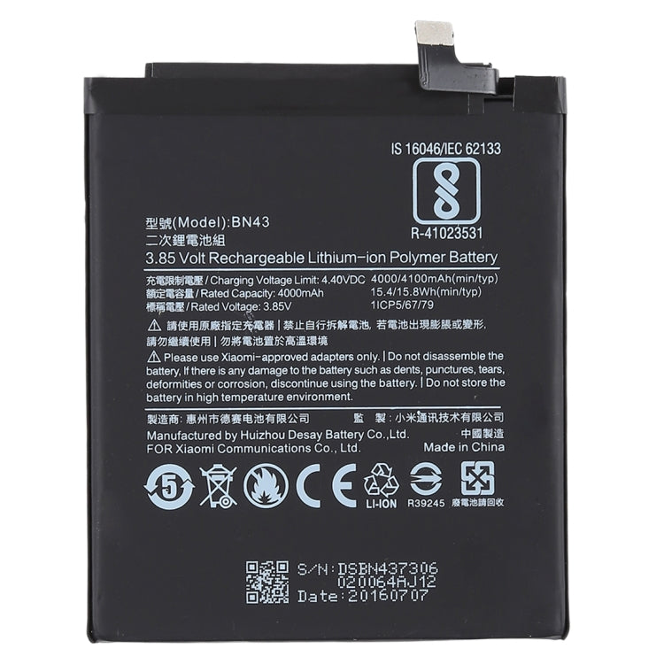 Batteria ai polimeri di litio BN43 da 4000 mAh per Xiaomi Redmi Note 4X, For Redmi Note 4X