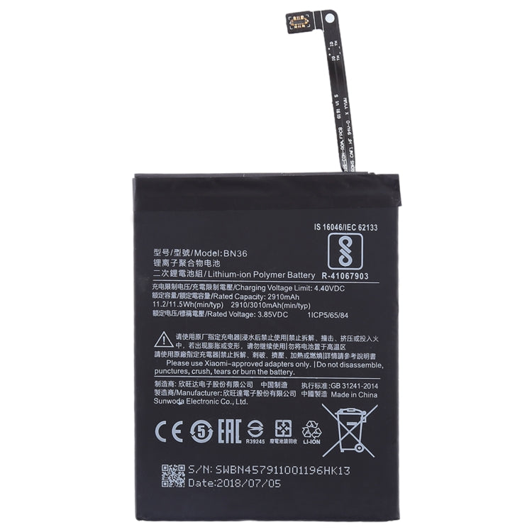 Batteria ai polimeri di litio Xiaomi Mi 6X / A2 BN36 da 2910 mAh, Mi 6X / A2