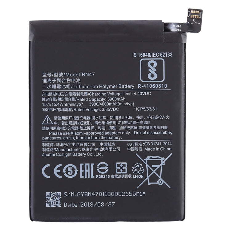 Batteria ai polimeri di litio 3900mAh BN47 per Xiaomi Redmi 6 Pro, Redmi 6 Pro