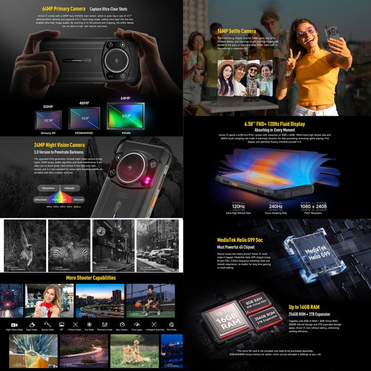 Doppia fotocamera posteriore, IP68/IP69K impermeabile antipolvere antiurto, Face ID e identificazione delle impronte digitali, Android 13 MediaTek Helio G99 Octa Core da 6,58 pollici fino a 2,2 GHz, rete: 4G, OTG, NFC, versione globale con Google Play�...