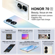 Tripla fotocamera posteriore, identificazione delle impronte digitali sullo schermo, Magic UI 6.1 Dimensity 9000 Octa Core da 6,78 pollici fino a 3,05 GHz, rete: 5G, OTG, NFC, non supporta Google Play, Honor 70 Pro+ 5G 8GB+256GB