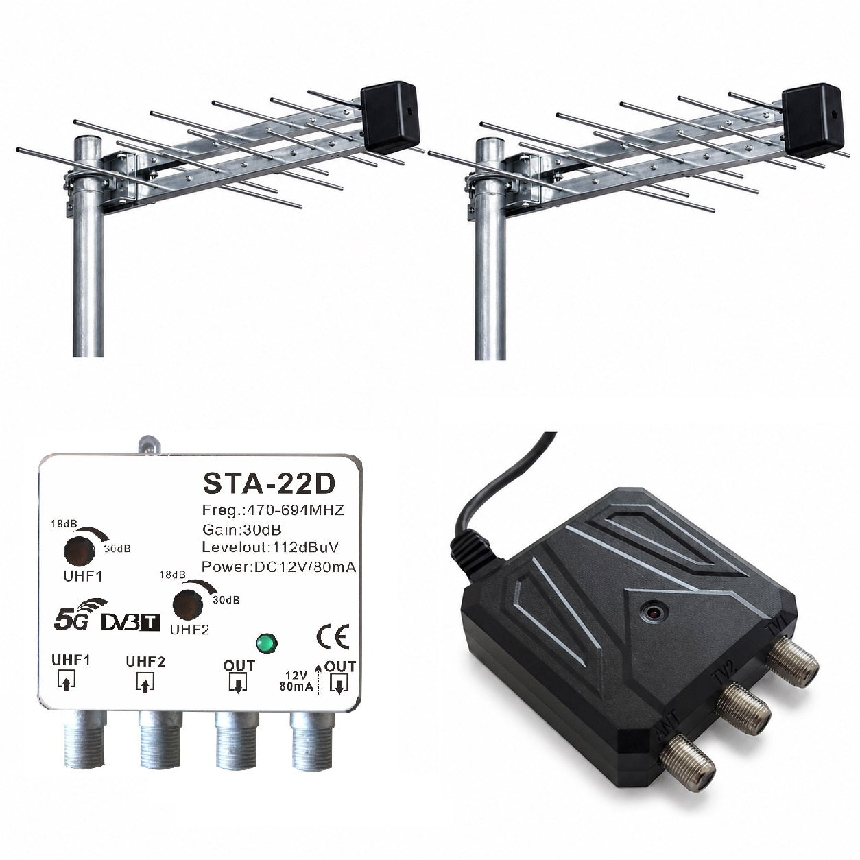 Kit antenna TV DVB-T2 con amplificatore e alimentatore 12V 8055598010223 STA-22D 8053323551935 U-20E MT200 MT999
