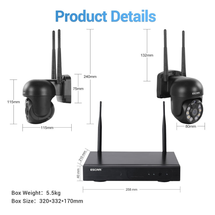 ESCAM WNK618 Sistema di sicurezza NVR HD con telecamera dome wireless a 8 canali da 3,0 milioni di pixel, supporto per rilevamento del movimento, audio bidirezionale, visione notturna a colori e scheda TF, presa EU, WNK618