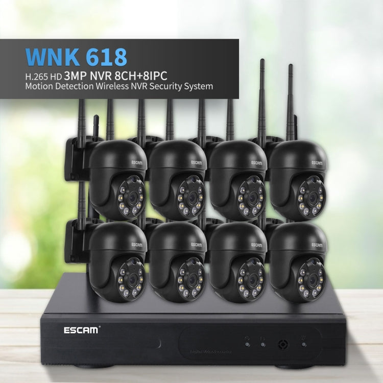 ESCAM WNK618 Sistema di sicurezza NVR HD con telecamera dome wireless a 8 canali da 3,0 milioni di pixel, supporto per rilevamento del movimento, audio bidirezionale, visione notturna a colori e scheda TF, presa EU, WNK618