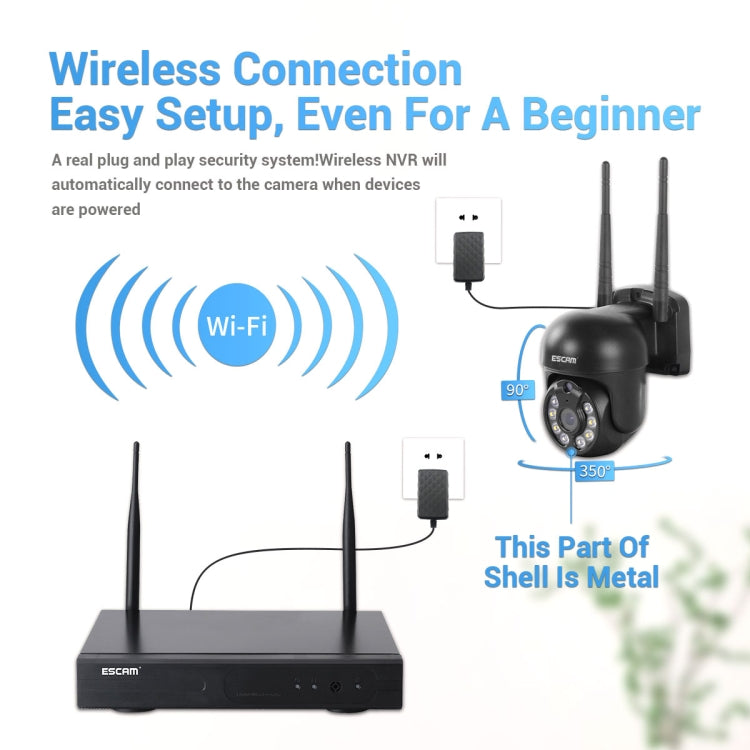 ESCAM WNK618 Sistema di sicurezza NVR HD con telecamera dome wireless a 8 canali da 3,0 milioni di pixel, supporto per rilevamento del movimento, audio bidirezionale, visione notturna a colori e scheda TF, presa EU, WNK618