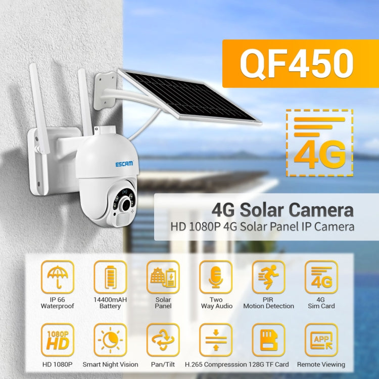 ESCAM QF450 HD 1080P 4G Versione UE Telecamera IP ad energia solare senza memoria, supporto audio bidirezionale e rilevamento del movimento PIR, visione notturna e scheda TF, without Memory