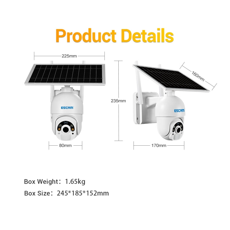 Telecamera IP ESCAM QF450 HD 1080P 4G AU ad alimentazione solare con memoria 16G, supporto audio bidirezionale e rilevamento del movimento PIR, visione notturna e scheda TF, with 16G Memory