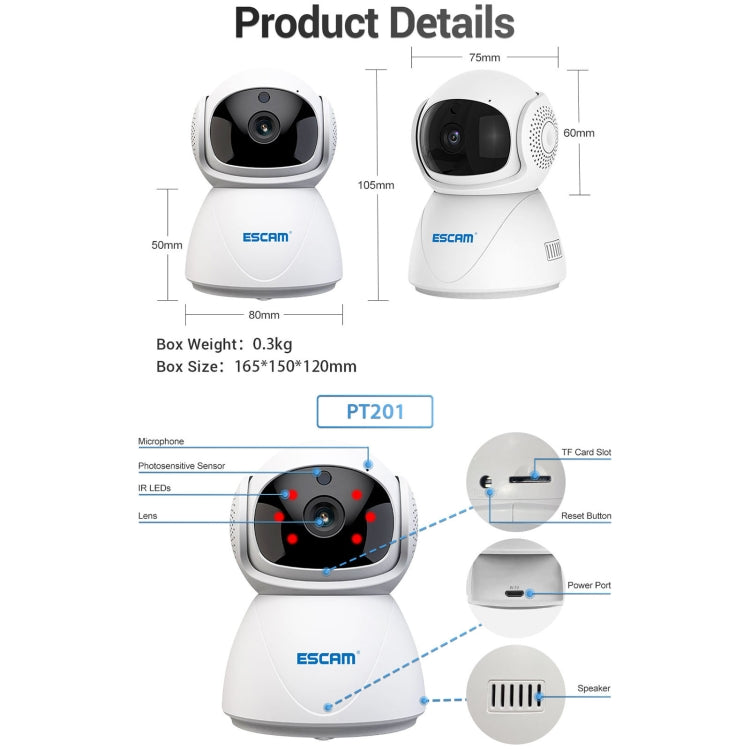 Telecamera IP WiFi dual-band ESCAM PT201 HD 1080P, supporto visione notturna/rilevamento movimento/tracciamento automatico/scheda TF/audio bidirezionale, presa EU, PT201