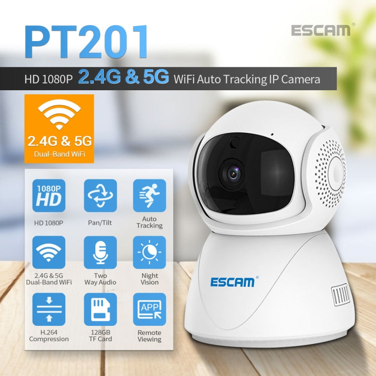 Telecamera IP WiFi dual-band ESCAM PT201 HD 1080P, supporto visione notturna/rilevamento movimento/tracciamento automatico/scheda TF/audio bidirezionale, presa EU, PT201