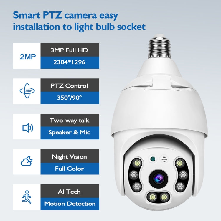 DP18 3.0MP Smart WiFi 1080P HD Telecamera per lampadina di rete esterna, supporto per visione notturna a infrarossi, rilevamento del movimento e scheda TF, DP18