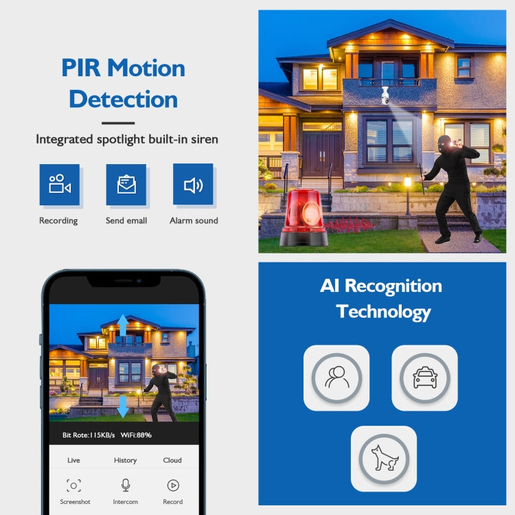 DP17 2,0 milioni di pixel Sorgente luminosa singola WiFi dual-band intelligente 1080P HD Telecamera di rete per esterni con lampadina, supporto visione notturna a infrarossi, audio bidirezionale, rilevamento del movimento e scheda TF