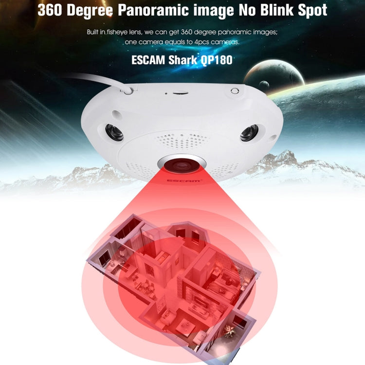 ESCAM Shark QP180 960P Obiettivo Fisheye da 360 gradi Telecamera IP WiFi da 1,3 MP, Supporto rilevamento del movimento/Visione notturna, Distanza IR: 10 m, QP180