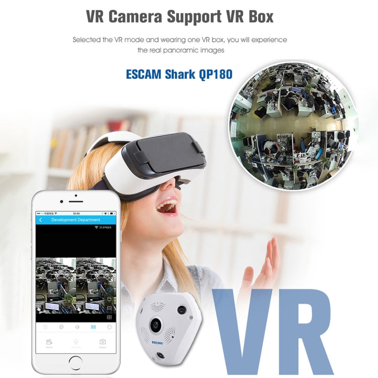 ESCAM Shark QP180 960P Obiettivo Fisheye da 360 gradi Telecamera IP WiFi da 1,3 MP, Supporto rilevamento del movimento/Visione notturna, Distanza IR: 10 m, QP180