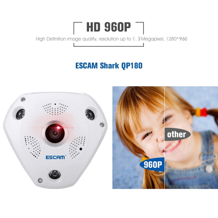 ESCAM Shark QP180 960P Obiettivo Fisheye da 360 gradi Telecamera IP WiFi da 1,3 MP, Supporto rilevamento del movimento/Visione notturna, Distanza IR: 10 m, QP180