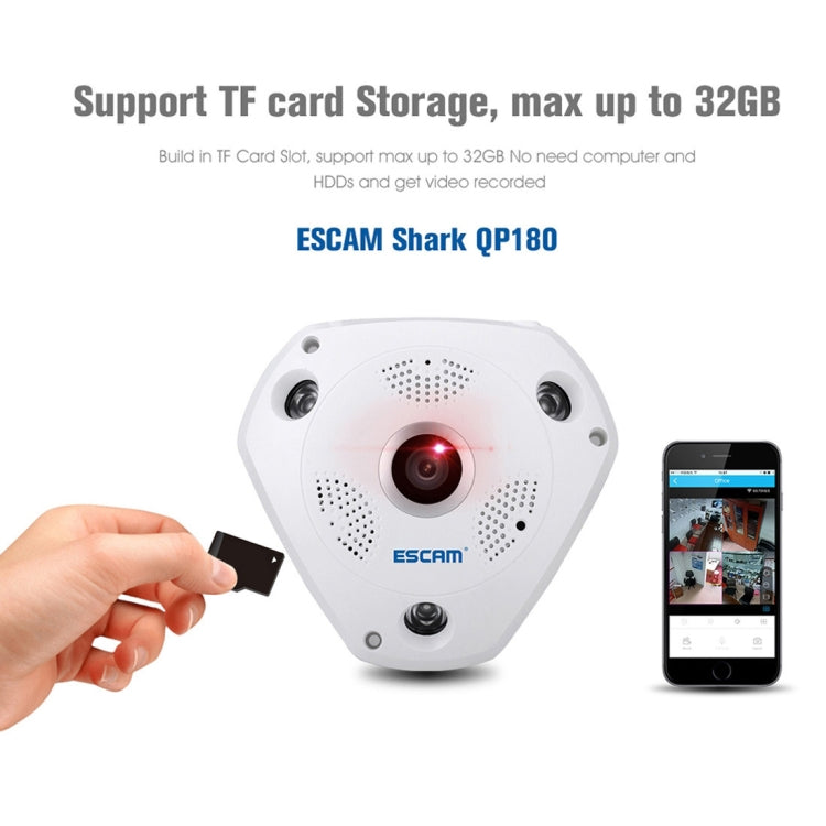 ESCAM Shark QP180 960P Obiettivo Fisheye da 360 gradi Telecamera IP WiFi da 1,3 MP, Supporto rilevamento del movimento/Visione notturna, Distanza IR: 10 m, QP180