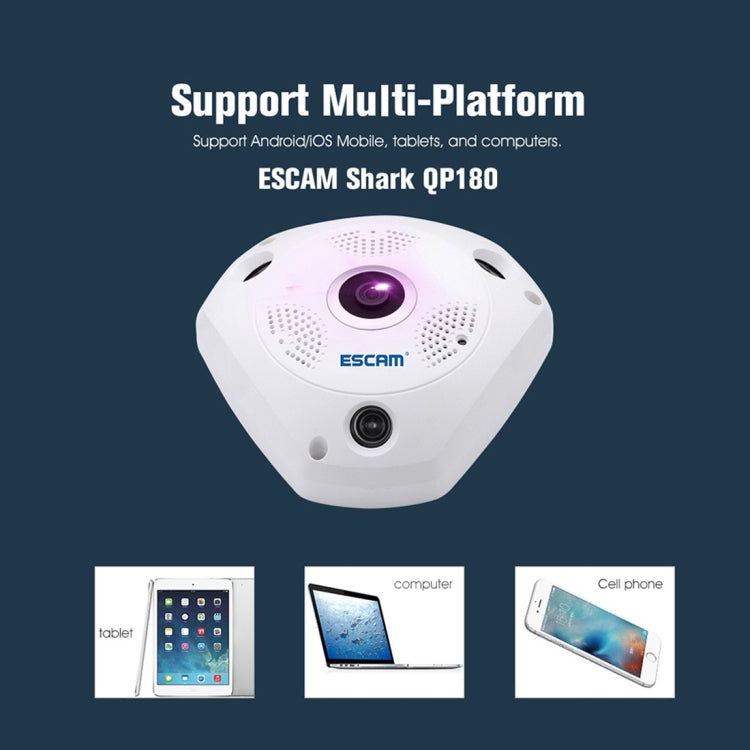 ESCAM Shark QP180 960P Obiettivo Fisheye da 360 gradi Telecamera IP WiFi da 1,3 MP, Supporto rilevamento del movimento/Visione notturna, Distanza IR: 10 m, QP180