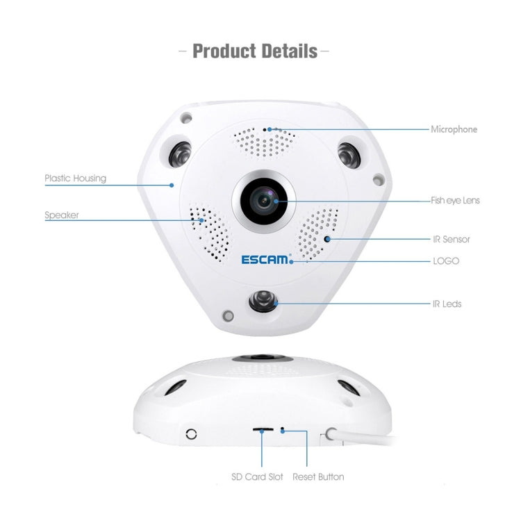 Telecamera IP WiFi ESCAM Shark QP180 960P 360° Fisheye