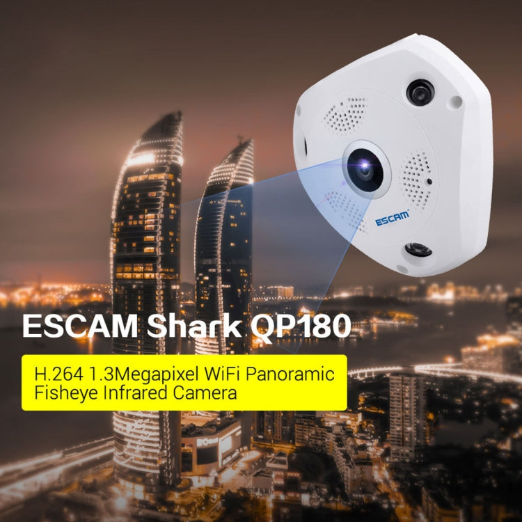 ESCAM Shark QP180 960P Obiettivo Fisheye da 360 gradi Telecamera IP WiFi da 1,3 MP, Supporto rilevamento del movimento/Visione notturna, Distanza IR: 10 m, QP180