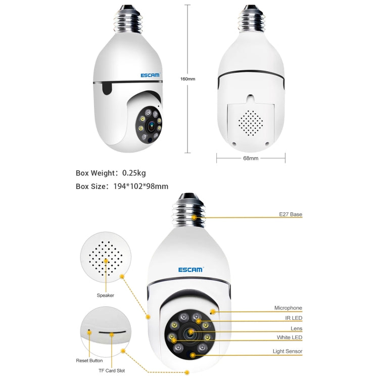 Telecamera WiFi ESCAM PT208 1080P HD con lampadina, supporto rilevamento movimento, audio bidirezionale, visione notturna, scheda TF, ESCAM PT208