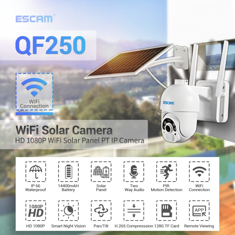 Telecamera IP ESCAM QF250 HD 1080P WiFi con pannello solare, supporto rilevamento movimento/visione notturna/scheda TF/audio bidirezionale, QF250